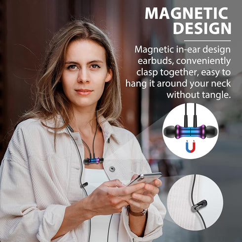 Magnetic Wired Earbuds with 3.5mm Jack, Stereo Sound, Microphone for iPhone, iPad, Samsung A15, A14, A13, Moto G Play.