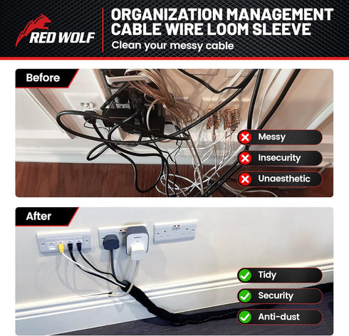 RED WOLF 10 1 Inch Feet - Braided Wire Cable Sleeve Split Wiring Loom Tube Flexible Self-Wrap for Automotive Computer
