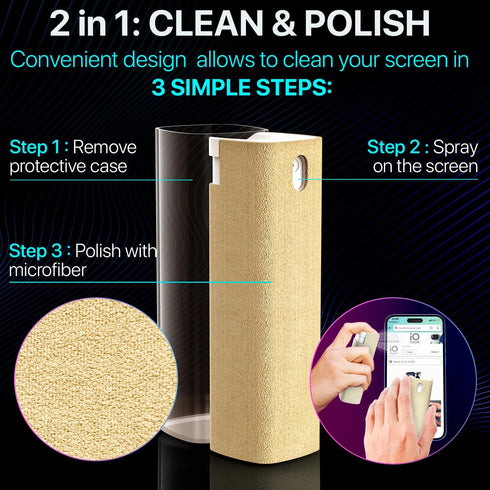 Mini Screen Cleaner Spray – 3 in 1 Mist Cleaner for Smartphones, Laptops, Touchscreens, Microfiber Cloth