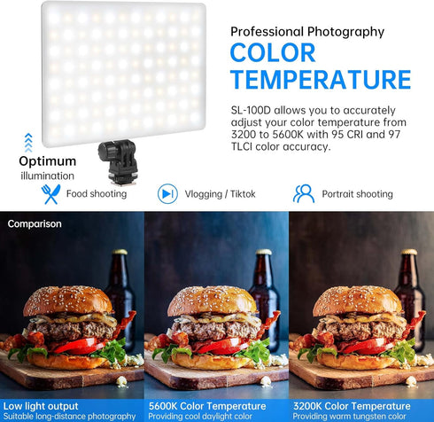 SL100D LED Video Light, Bi-Color on Camera, Continuous Dimmable Photography Lighting, Portable Studio LED Panel