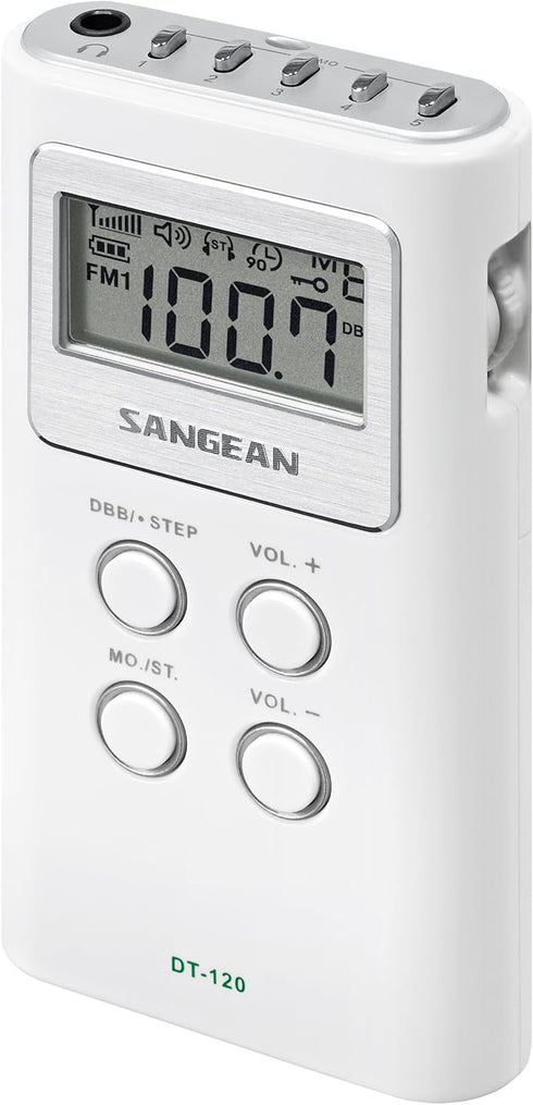 Sangean DT-120 Pocket Receiver, AM/FM Stereo PLL Synthesized, WHITE