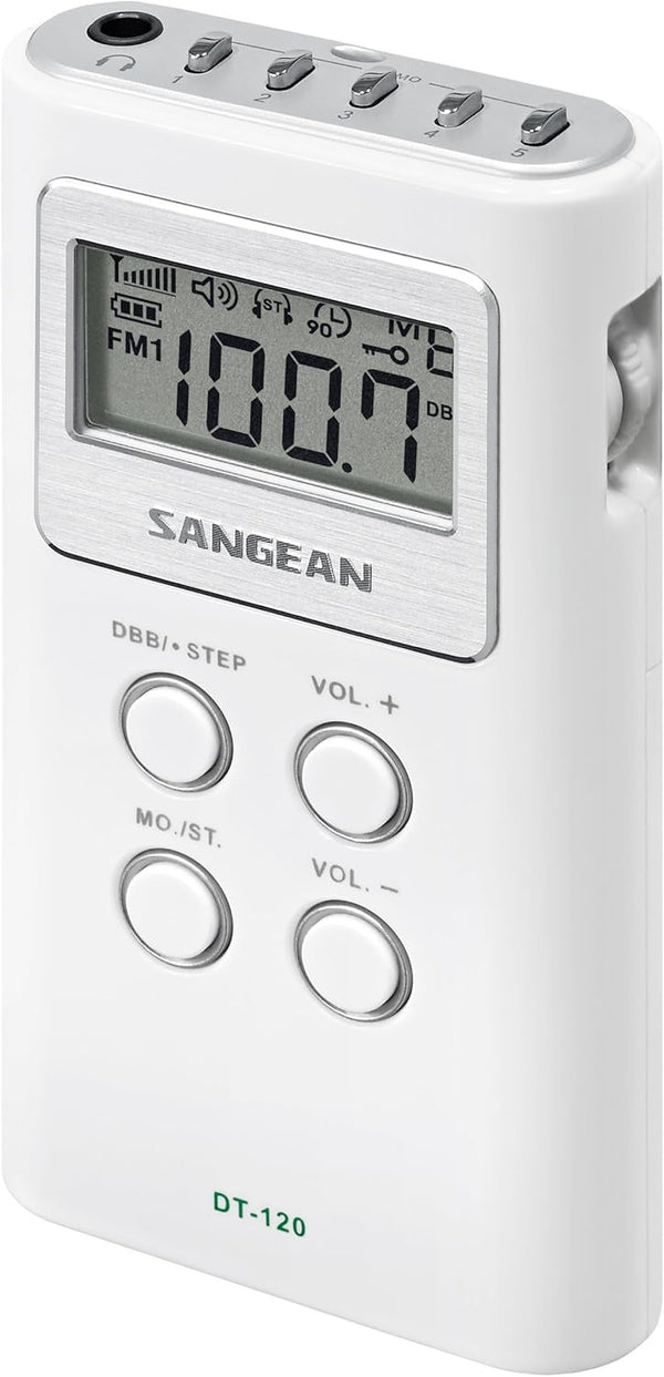 Sangean DT-120 Pocket Receiver, AM/FM Stereo PLL Synthesized, WHITE