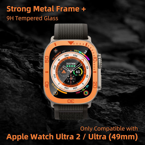 Apple Watch Ultra 2 Screen Protector 49mm - 2 Pack Tempered Glass with Titanium Alloy Frame & Waterproof Bezel Ring S2