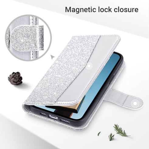 ULAK Wallet Case for iPhone 14 Plus, Card Holder, Flip Case for Women, PU Leather Kickstand, Shockproof, Silver