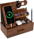 TESLYAR Wood Phone Docking Station with Drawer, Desk Accessories & Workspace Organizer for Nightstand (Brown)