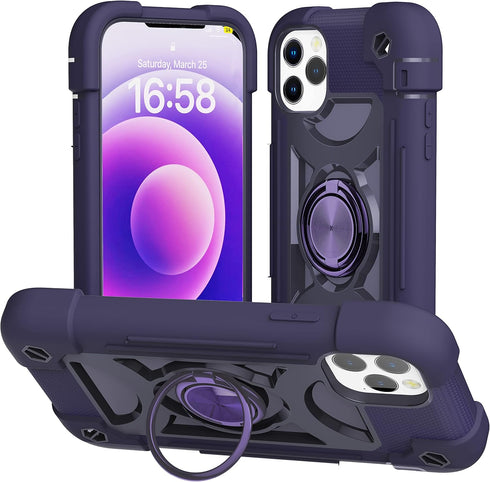 iPhone 12/iPhone 12 Pro Case 6.1" - Heavy-Duty Rugged Cover with Ring Stand + 2 Glass Screen & Camera Lens Protectors.