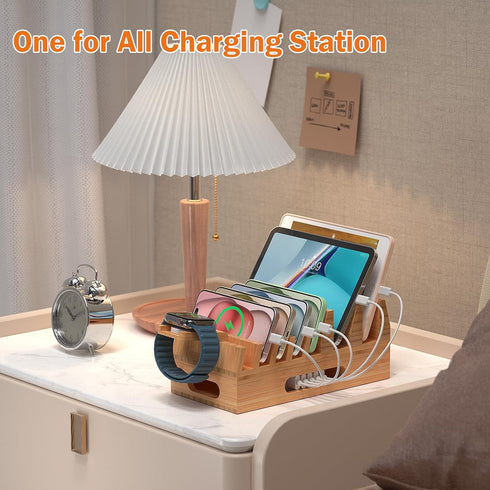 Pezin & Hulin Bamboo Charging Station Organizer for Multiple Devices & Wood Desktop Docking Stand for Cell Phone,