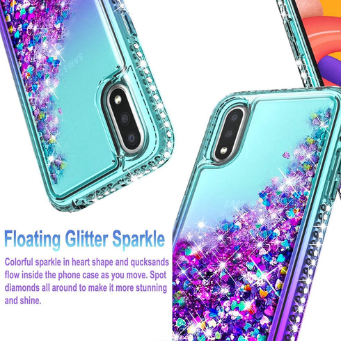 STARSHOP Compatible with Samsung Galaxy A01 Phone Case, Liquid Floating Glitter Quicksand Bling Cover with Tempered