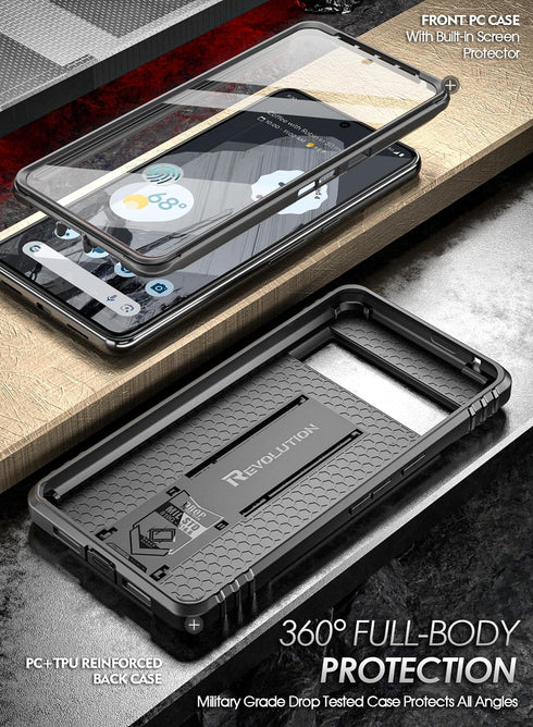 Poetic Revolution Case for Pixel 8 Pro 5G, Rugged Shockproof Cover with Kickstand & Built-in Screen Protector, Black