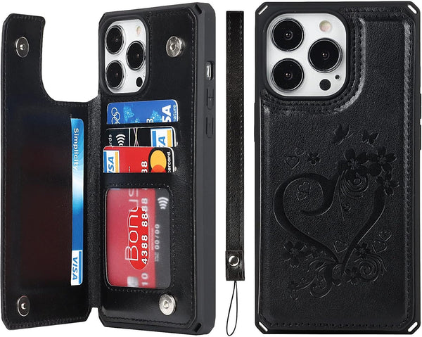 iCoverCase iPhone 13 Pro Max Wallet Phone Case, RFID Blocking PU Leather with Card Holder, 6.7 Inch (Heart Black)