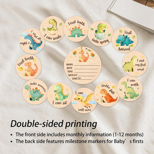 13Pcs Set Baby Monthly Milestone Cards Sign - Double Sided Dinosaur Milestone Cards, Dino Pattern Wooden Circles Discs