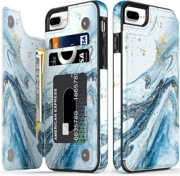 LETO for iPhone 8 Plus Case, iPhone 7 Plus Flip Folio Leather Wallet Cover with Opal Blue Marble Designs, Card Slots