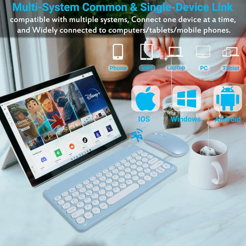 Small Bluetooth Keyboard and Mouse Combo, Ultra-Slim Portable Wireless Keyboard for Android Tablet, iPhone, iPad (Blue)