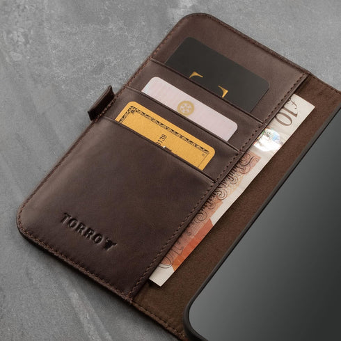 TORRO Dark Brown Premium Leather Wallet Case for iPhone 13 with Kickstand and Card Slots