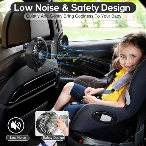 3 360 Dealswin Rechargeable Car Fan for Backseat Kids Baby, Battery and USB Dual Power Car Fans, Powerful Speeds
