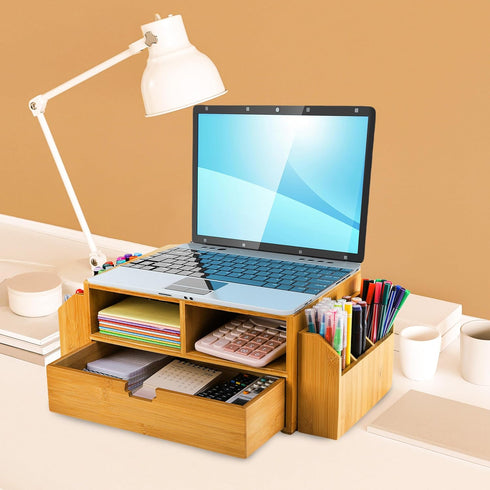 Hiceeden 2 Tier Bamboo Desktop Organizer, Desk Monitor Stand Riser with 2 Pen Holder, 1 Drawer, 2 Compartment Storage