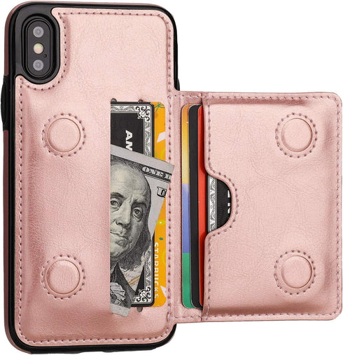 KIHUWEY Premium Leather Wallet Case for iPhone X/Xs, Credit Card Holder, Durable Shockproof Kickstand Cover