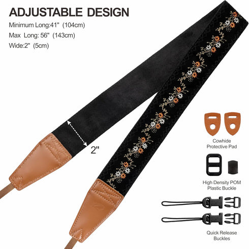 Padwa Lifestyle Camera Strap - 2" Full Grain Leather Ends, Vintage Embroidered Cotton Weave Soft Suede Fabric Padded