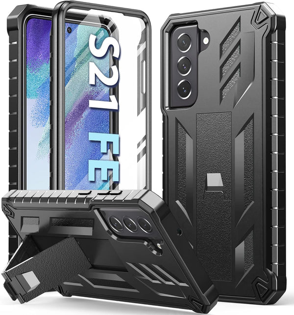 Samsung Galaxy S21-FE Protective Case: Dual-Layer Military Grade Drop Proof Cover with Kickstand | Rugged Shockproof