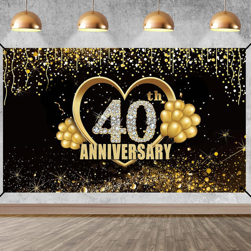 Happy 40th Anniversary Banner Backdrop Decorations, Large Black Gold Wedding Sign Decor for Party Supplies