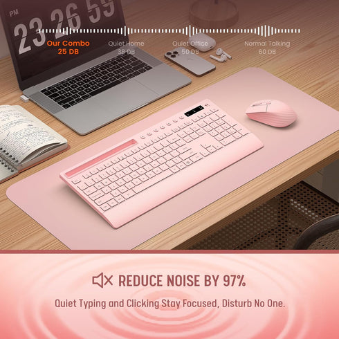Trueque 2.4G Set Pink Keyboard and Mouse Wireless, Lag-Free Cute Keyboard Combo with Ergonomic Wrist Rest, Phone Holder