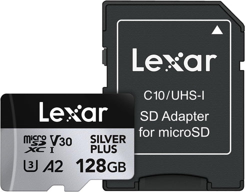 Lexar 128GB Professional Silver Plus microSDXC Memory Card w/SD Adapter, UHS-I, C10, U3, V30, Full-HD & 4K Video