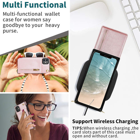 HOGGU Compatible iPhone 11 Case, Crossbody Strap Leather Wallet with Card Holder, Kickstand, Magnetic Closure Flip
