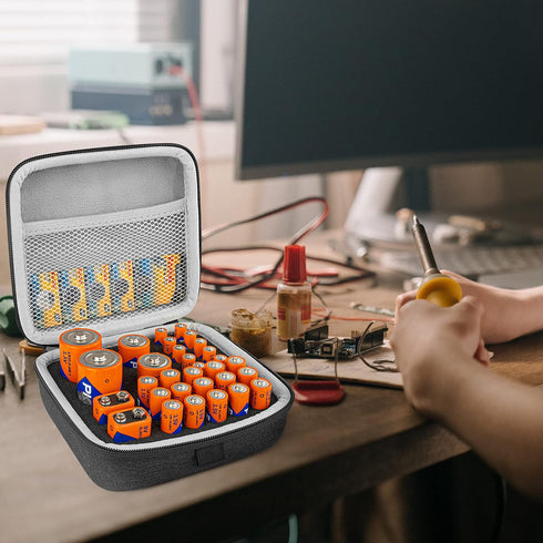 Linkidea Small Hard Case Battery Organizer Storage Box, Holds 31 Various Sizes AA AAA 9V C D Batteries (Dark Grey)