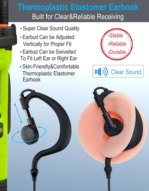 commountain CLS1410 Earpiece with PTT/Mic for Motorola Walkie Talkies, G Shape Headset, 2 Pin