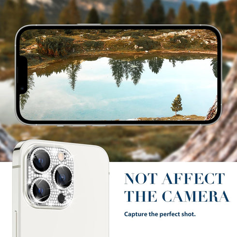 Goton Camera Lens Protector for iPhone 15 Pro Max & 15 Pro - Bling Glitter Diamond Metal, Tempered Glass, Silver.