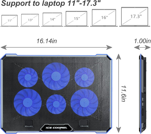 ICE COOREL Laptop Cooling Pad with 6 Fans - No Lights, Cooler for 15-17 Inches Laptops, Notebook Stand with 9 Height