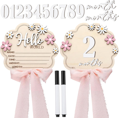 Amyhill Pink Bow Baby Announcement Sign Wooden 1-12 Monthly Milestone Blocks with
