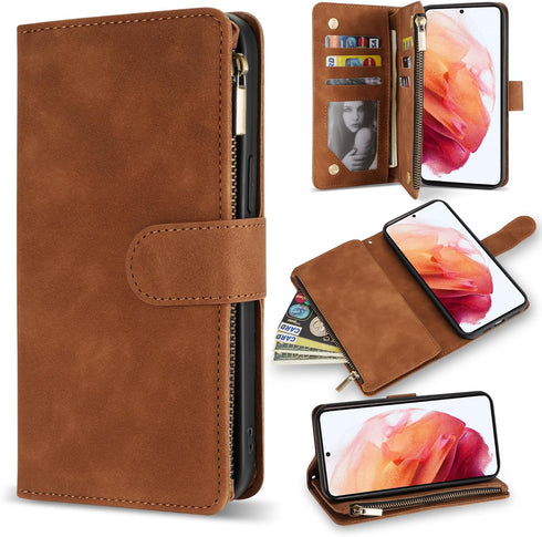 ZZXX Wallet Case for Samsung Galaxy S21 - Premium Soft PU Leather Zipper Flip Folio with Card Slot