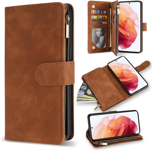 ZZXX Wallet Case for Samsung Galaxy S21 - Premium Soft PU Leather Zipper Flip Folio with Card Slot