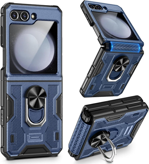 VEGO Galaxy Z Flip 5 Case - Full Body Protection, Screen Protector, Hinge Guard & 360° Ring Kickstand - Navy Blue 2023