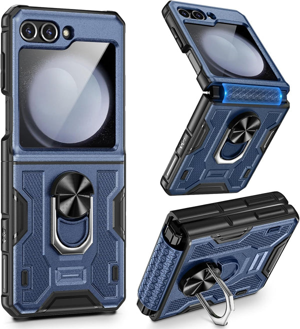 VEGO Galaxy Z Flip 5 Case - Full Body Protection, Screen Protector, Hinge Guard & 360° Ring Kickstand - Navy Blue 2023