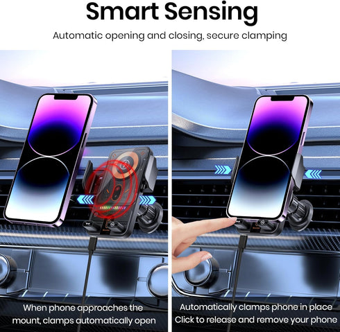SMALLSHS 15W Car Phone Holder with Wireless Car Charger, Car Vent Mount with Induction Opening and Closing, Air Vent