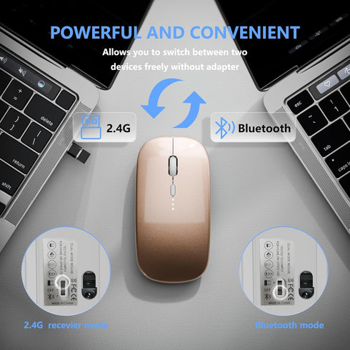 Slim Rechargeable Wireless Silent Mouse, 2.4G & Bluetooth Technology for Laptop/PC/Mac/iPad - Gold