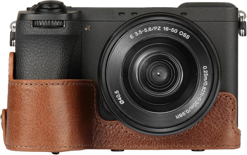 MegaGear Genuine Leather Camera Case for Sony Alpha a6700 (16-50mm) - Stylish Protective Brown Case