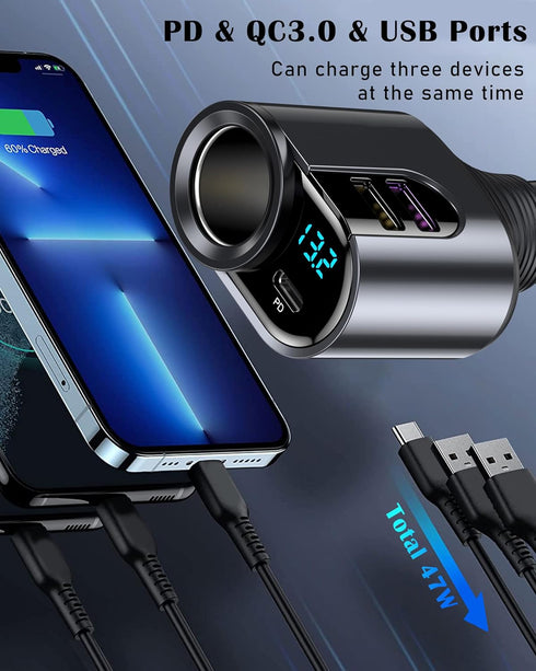 LIHAN Cigarette Lighter USB C Charger, 12V/24V Outlet Splitter with 3 USB Ports, LED Voltage, Compatible for iPhone