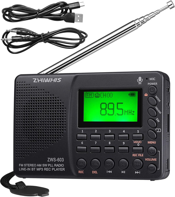 ZHIWHIS Portable Bluetooth Radio, FM AM Shortwave Radio with Sleep Timer, Rechargeable Digital Recorder, MP3 Player
