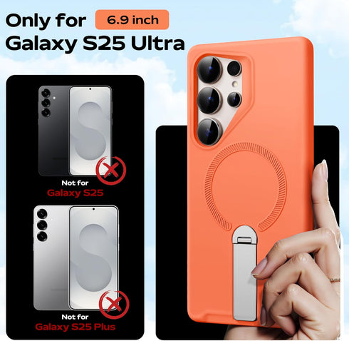 Samsung Galaxy S25 Ultra Case ExoGuard, Soft Skin-Friendly Silicone Cover, Adjustable Metal Kickstand - Orange