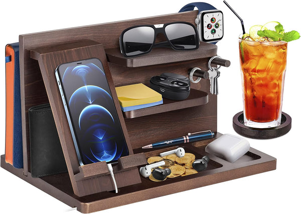 Gifts for Men, Wood Phone Docking Station, Key Holder Stand, Watch Organizer, Nightstand Gift for Husband, Dad, Birthday