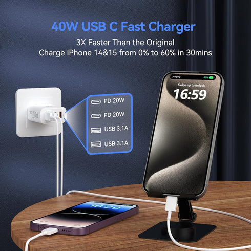 USB C Wall Fast Charger Block, 40W 4-Port Type C Charger, Fast Charging Blocks PD Power Charger Adapter + QC 3.0 USB