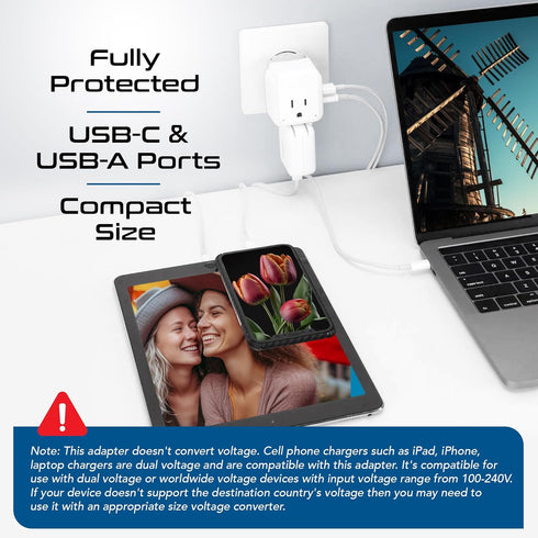 Ceptics Thailand Travel Adapter Set, 20W PD & QC, Type O - 4 in 1 with 2 USA Inputs, 1 USB Port, 1 USB-C Port