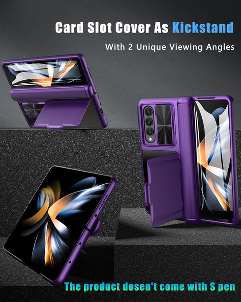 Vihibii Case for Samsung Galaxy Z Fold 4 5G with Card Holder, Sliding Camera Lens Cover, Hinge Protection, Dark Purple