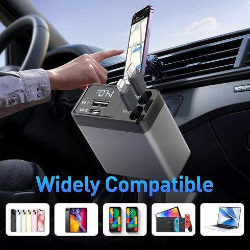 Retractable Car Charger, 4 in 1 Fast Phone Adapter 66W, USB Car Charger with Retractable Cables, Compatible with iPhone