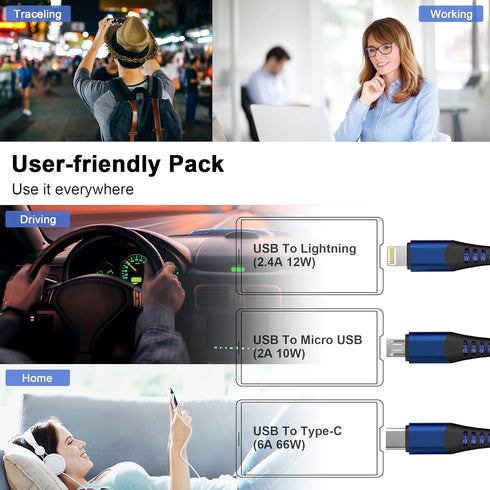 3M/10Ft Multi 3 in 1 USB Long Charger Cable - 6A PD Fast Braided Cord with USB C, Micro USB, Lightning Connectors.