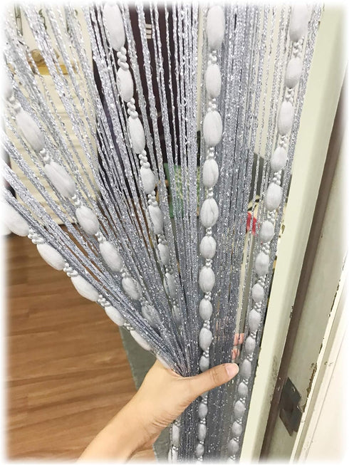 Flat Silver Ribbon Thread Door String Curtain with Shaggy Tassel Room Divider, 39’’x79’’ (Grey-style2)