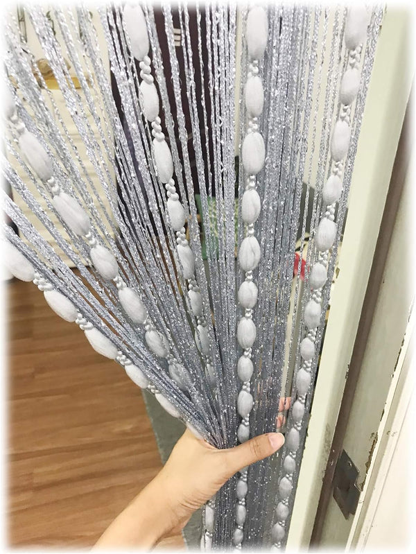 Flat Silver Ribbon Thread Door String Curtain with Shaggy Tassel Room Divider, 39’’x79’’ (Grey-style2)